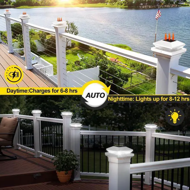 Alt view image 4 of 6 - Solar Post Cap Lights 6 Pack, 2 Modes Fence Post Solar Lights White | Fit for 4x4/6x6 Wooden Post & 4x4/5x5 Vinyl Post, Waterproof Solar Deck Post Lights for Garden Patio Gate Porch, 3000K 6000K