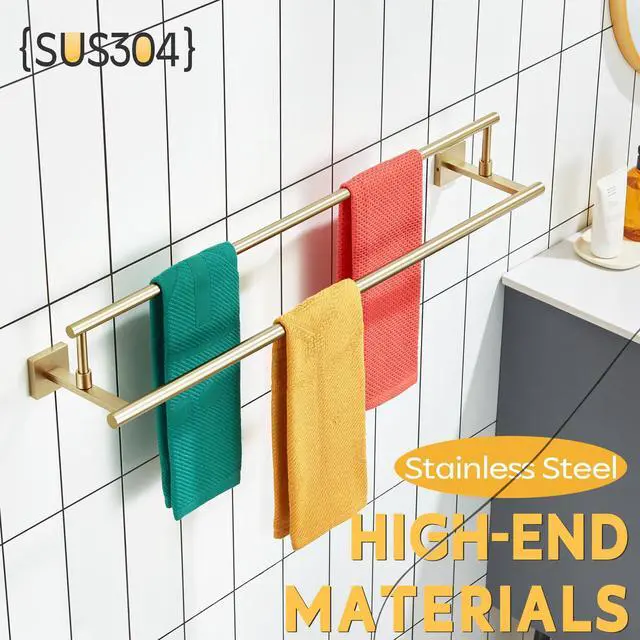 Alt view image 7 of 7 - Bath Towel Bars 32-Inch Double Towel Rails Overlength Bathroom Racks for Cabinet Kitchen Brushed Gold Stainless Steel B5009BG-L32