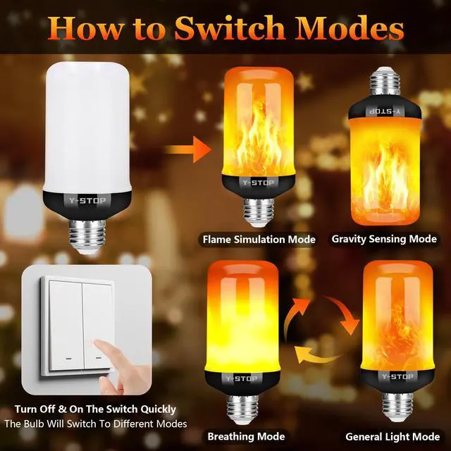 Alt view image 6 of 7 - Upgraded Flame Light Bulbs, 4 Modes Flickering Light Bulb Outdoor with Upside Down Effect, E26 Base Flame Bulb for Christmas Decorations Outdoor, Halloween Lights, Party Decor (2 Pack)