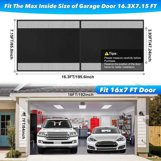 Alt view image 2 of 7 - Privacy Garage Door Screen Blackout for 2 Car Garage-16x7FT Magnetic Garage Screen, 9.6LB Heavy Duty Thicker 265g/ Mesh, Hands Free, Magnetic Privacy Garage Screen Door(Black, 16 * 7FT)