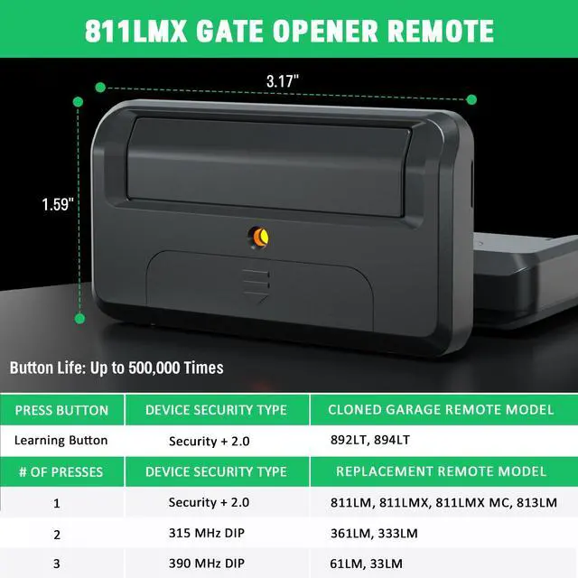 Alt view image 2 of 7 - Upgrade 811LMX Gate Opener Remote Replacement for Liftmaster 811LMX/811LMX MC/811LM Remote Control, for Liftmaster 850LM/860LM/Star1000 Receiver, Commercial Door, Security+ 2.0, 12 Dip Switch, 4 Pack