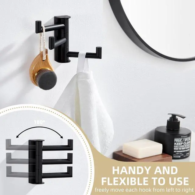Alt view image 7 of 7 - Swivel Towel Hook 3 Arms, Robe Coat Wall Hook, Matte Black | SUS304 Stainless Steel, Foldable Hand Bath Towel Holder for Bathroom Kitchen Closet, Sturdy Space Saver, Screws Mounted