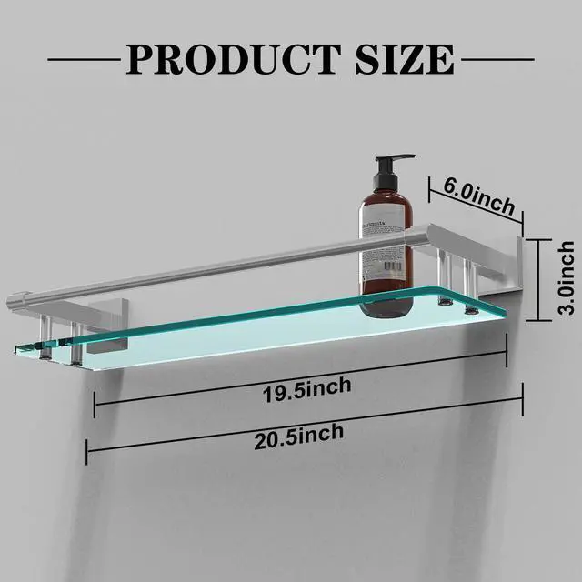 Alt view image 2 of 7 - 20 Inches Glass Shelf for Bathroom, Brushed Nickel Glass Shelves for Wall with Smooth Stainless Steel Railing, Modern Tempered Glass Organizer Shelf