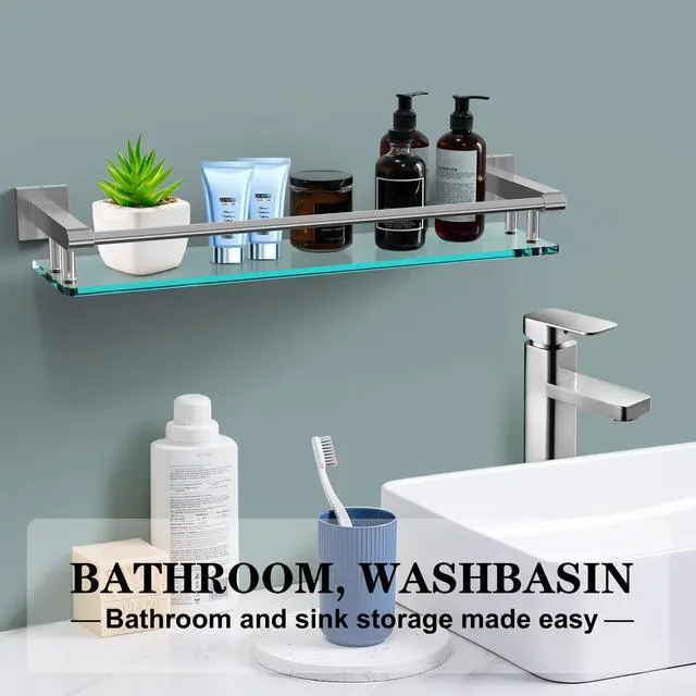 Alt view image 3 of 7 - 20 Inches Glass Shelf for Bathroom, Brushed Nickel Glass Shelves for Wall with Smooth Stainless Steel Railing, Modern Tempered Glass Organizer Shelf