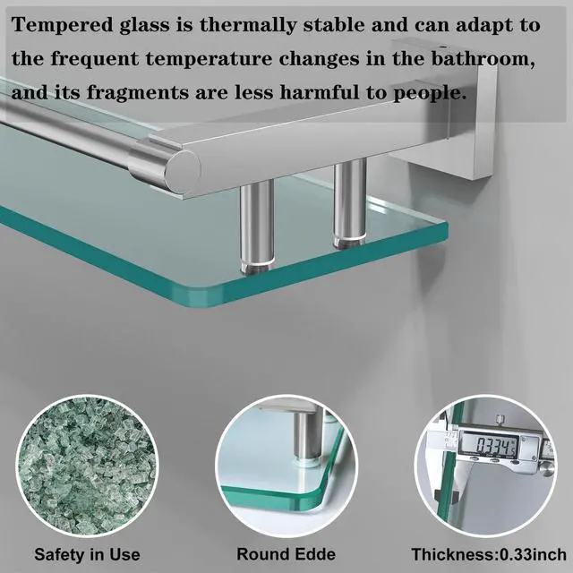 Alt view image 4 of 7 - 20 Inches Glass Shelf for Bathroom, Brushed Nickel Glass Shelves for Wall with Smooth Stainless Steel Railing, Modern Tempered Glass Organizer Shelf