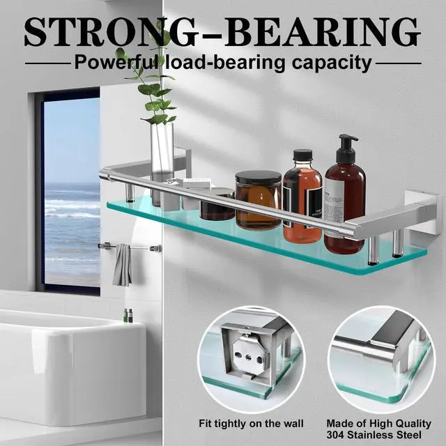 Alt view image 5 of 7 - 20 Inches Glass Shelf for Bathroom, Brushed Nickel Glass Shelves for Wall with Smooth Stainless Steel Railing, Modern Tempered Glass Organizer Shelf