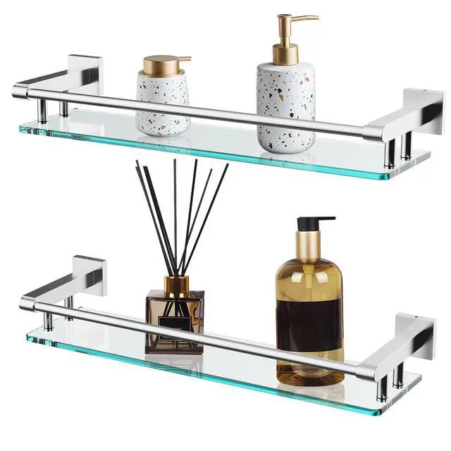 Alt view image 6 of 7 - 20 Inches Glass Shelf for Bathroom, Brushed Nickel Glass Shelves for Wall with Smooth Stainless Steel Railing, Modern Tempered Glass Organizer Shelf