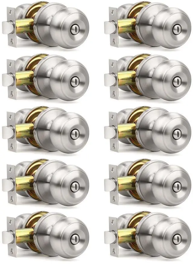 Main image of 10 Pack Brushed Nickel Privacy Door Knobs Interior, Classic Round Shape Stain Nickel Bedroom Doorknobs with Lock, Keyless Modern Design Door Lockset for Bathroom and Bedroom