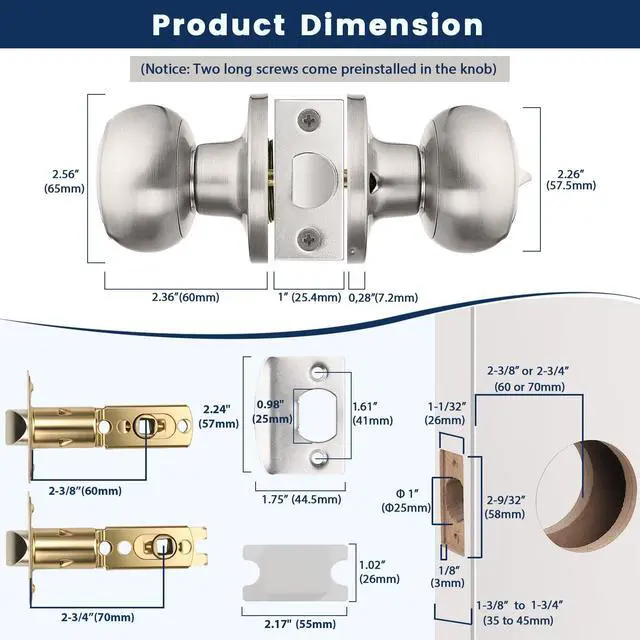 Alt view image 2 of 7 - 10 Pack Brushed Nickel Privacy Door Knobs Interior, Classic Round Shape Stain Nickel Bedroom Doorknobs with Lock, Keyless Modern Design Door Lockset for Bathroom and Bedroom