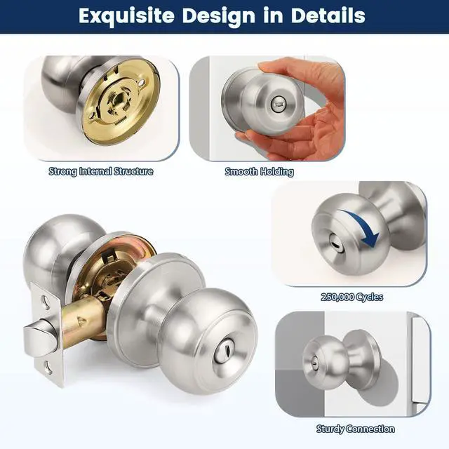 Alt view image 3 of 7 - 10 Pack Brushed Nickel Privacy Door Knobs Interior, Classic Round Shape Stain Nickel Bedroom Doorknobs with Lock, Keyless Modern Design Door Lockset for Bathroom and Bedroom