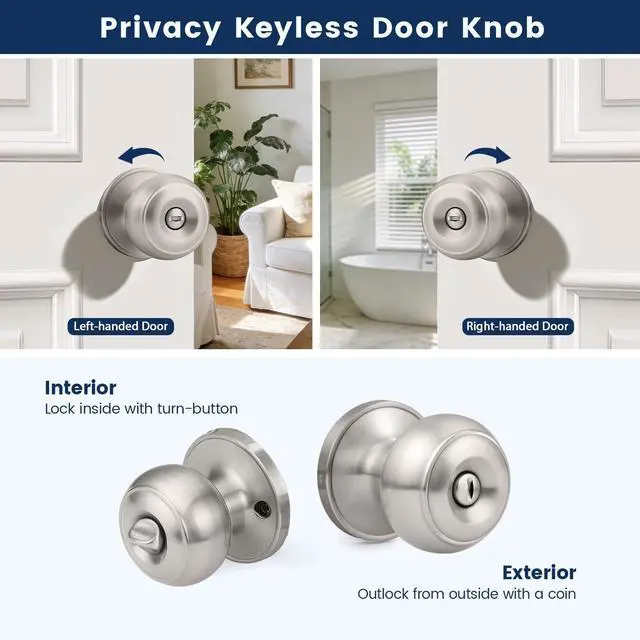Alt view image 5 of 7 - 10 Pack Brushed Nickel Privacy Door Knobs Interior, Classic Round Shape Stain Nickel Bedroom Doorknobs with Lock, Keyless Modern Design Door Lockset for Bathroom and Bedroom