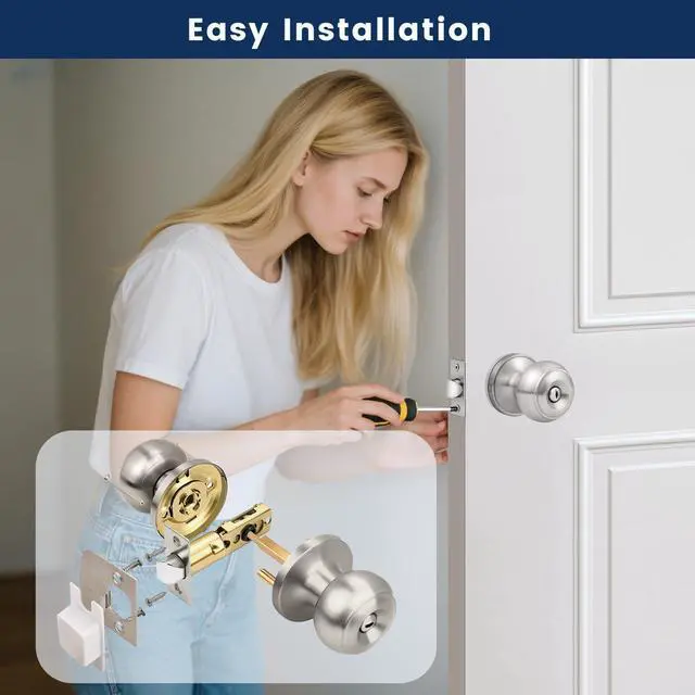 Alt view image 6 of 7 - 10 Pack Brushed Nickel Privacy Door Knobs Interior, Classic Round Shape Stain Nickel Bedroom Doorknobs with Lock, Keyless Modern Design Door Lockset for Bathroom and Bedroom