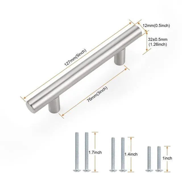 Alt view image 3 of 7 - 30 Pack Hole Centers (76mm) 3inch Brushed Nickel Cabinet Pulls Stainless Steel Drawer Handles Euro Style T Bar Dresser Pull Handle Length 127mm(5inch)