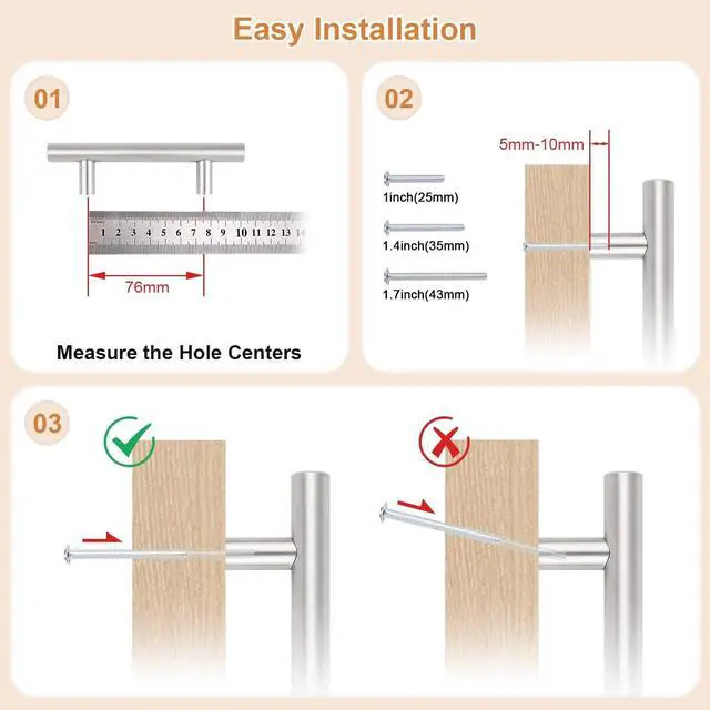 Alt view image 4 of 7 - 30 Pack Hole Centers (76mm) 3inch Brushed Nickel Cabinet Pulls Stainless Steel Drawer Handles Euro Style T Bar Dresser Pull Handle Length 127mm(5inch)