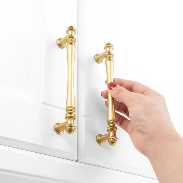 Alt view image 4 of 7 - 10 Pack 5 in Brushed Gold Cabinet Pulls, Gold Drawer Handles P30 | Solid Metal, Sturdy, Comfortable, French Style Hardware, Kitchen Cabinet Pull, for Dresser Cupboard Bedroom Bathroom Vanity