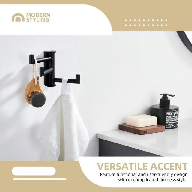 Alt view image 4 of 7 - Swivel Towel Hook 3 Arms, Robe Coat Wall Hook, Matte Black | SUS304 Stainless Steel, Foldable Hand Bath Towel Holder for Bathroom Kitchen Closet, Sturdy Space Saver, Screws Mounted