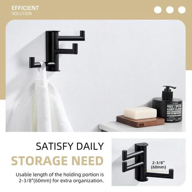 Alt view image 5 of 7 - Swivel Towel Hook 3 Arms, Robe Coat Wall Hook, Matte Black | SUS304 Stainless Steel, Foldable Hand Bath Towel Holder for Bathroom Kitchen Closet, Sturdy Space Saver, Screws Mounted