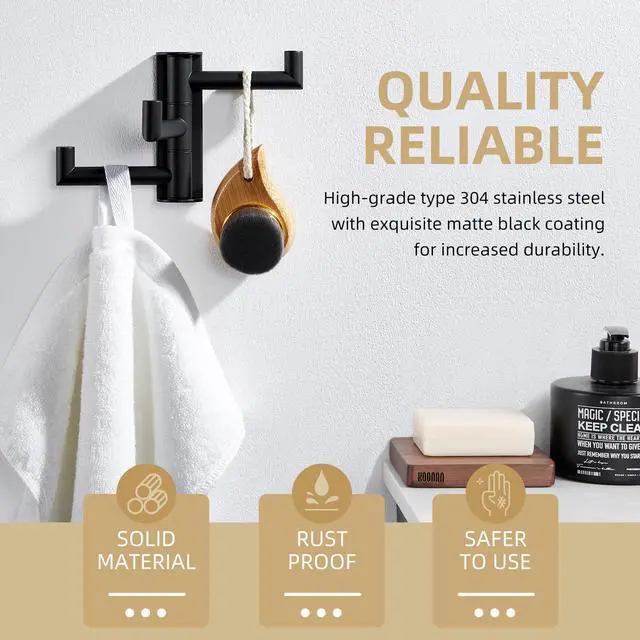 Alt view image 6 of 7 - Swivel Towel Hook 3 Arms, Robe Coat Wall Hook, Matte Black | SUS304 Stainless Steel, Foldable Hand Bath Towel Holder for Bathroom Kitchen Closet, Sturdy Space Saver, Screws Mounted