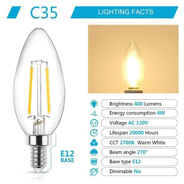 Alt view image 2 of 7 - E12 LED Classic Candelabra Clear Light Bulb, 4W, Equivalent 40W, Warm White 2700K, Non-Dimmable, Filament Clear Glass, Pack of 5