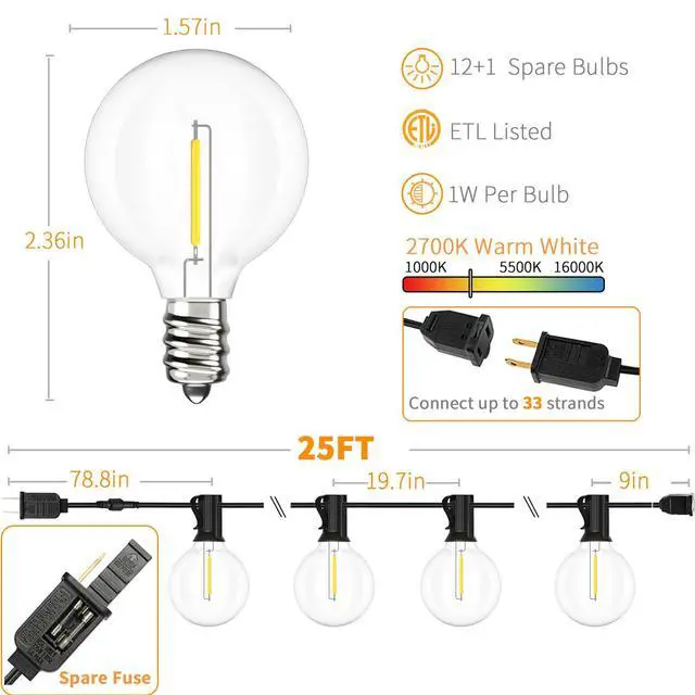 Alt view image 2 of 7 - Outdoor String Lights 25 FT G40 LED Patio Hanging Light Waterproof | 13 Shatterproof Edison Bulbs, Connectable Hanging Globe Light for Outside Backyard Party Warm White