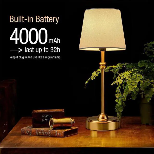 Alt view image 2 of 7 - Cordless Lamp-Battery Operated Table lamp, 4000mAh Rechargeable, Stepless Dimmable, Small Touch Bedside Lamp with Fabric Shade, for Dining, Patio, Bathroom(Gold)