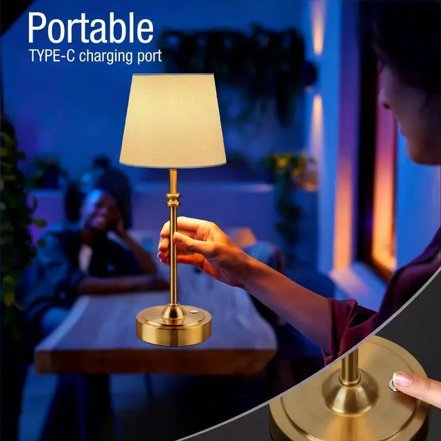 Alt view image 3 of 7 - Cordless Lamp-Battery Operated Table lamp, 4000mAh Rechargeable, Stepless Dimmable, Small Touch Bedside Lamp with Fabric Shade, for Dining, Patio, Bathroom(Gold)
