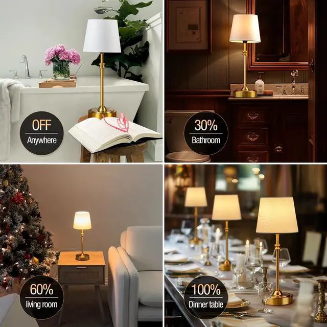 Alt view image 6 of 7 - Cordless Lamp-Battery Operated Table lamp, 4000mAh Rechargeable, Stepless Dimmable, Small Touch Bedside Lamp with Fabric Shade, for Dining, Patio, Bathroom(Gold)