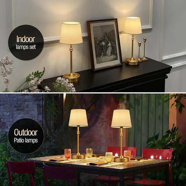 Alt view image 7 of 7 - Cordless Lamp-Battery Operated Table lamp, 4000mAh Rechargeable, Stepless Dimmable, Small Touch Bedside Lamp with Fabric Shade, for Dining, Patio, Bathroom(Gold)