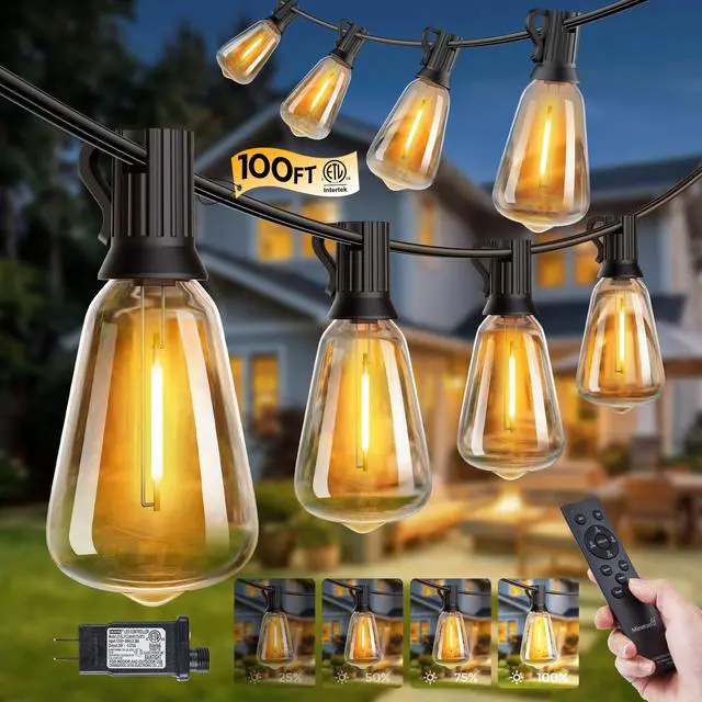 Main image of 100FT Outdoor String Lights with Remote, ST38 Patio Lights Dimmable | Waterproof LED Christmas Lights with 3 Modes, Shatterproof Connectable Outside Lights for Backyard Porch Deck Garden Decor