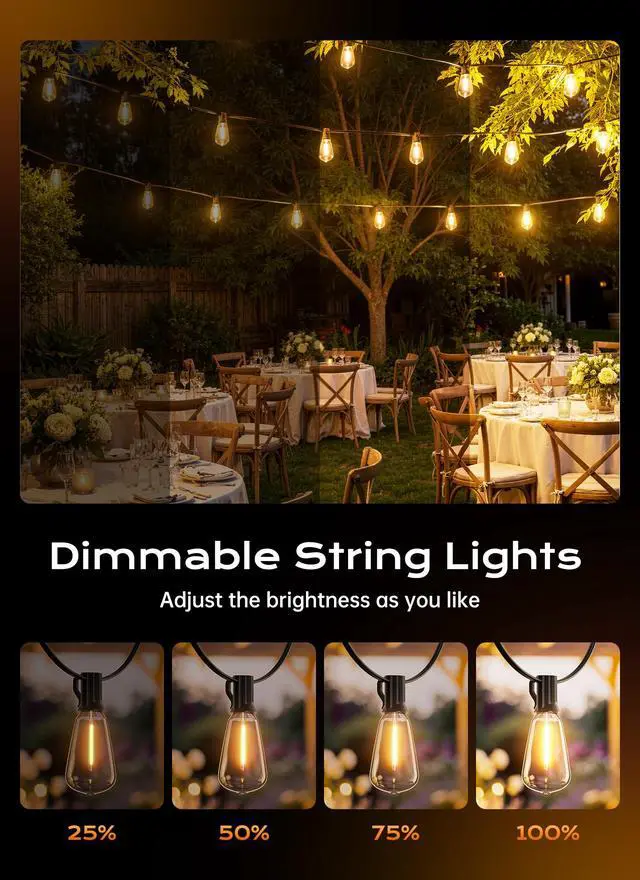 Alt view image 2 of 7 - 100FT Outdoor String Lights with Remote, ST38 Patio Lights Dimmable | Waterproof LED Christmas Lights with 3 Modes, Shatterproof Connectable Outside Lights for Backyard Porch Deck Garden Decor
