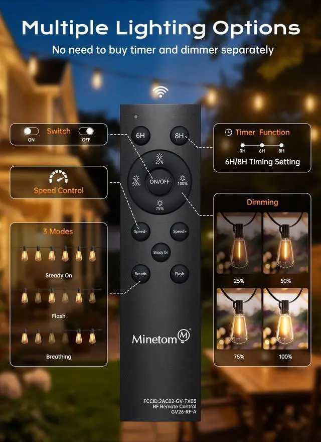 Alt view image 5 of 7 - 100FT Outdoor String Lights with Remote, ST38 Patio Lights Dimmable | Waterproof LED Christmas Lights with 3 Modes, Shatterproof Connectable Outside Lights for Backyard Porch Deck Garden Decor