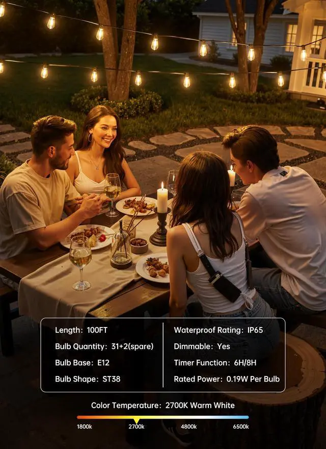 Alt view image 7 of 7 - 100FT Outdoor String Lights with Remote, ST38 Patio Lights Dimmable | Waterproof LED Christmas Lights with 3 Modes, Shatterproof Connectable Outside Lights for Backyard Porch Deck Garden Decor