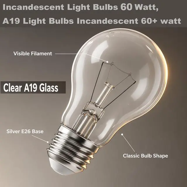 Alt view image 2 of 7 - 60 Watt Incandescent Light Bulbs, A19 60 WATT Incandescent Bulb Shatter Resistant Rough Service Light Bulb Dimmable(8 Pcs)