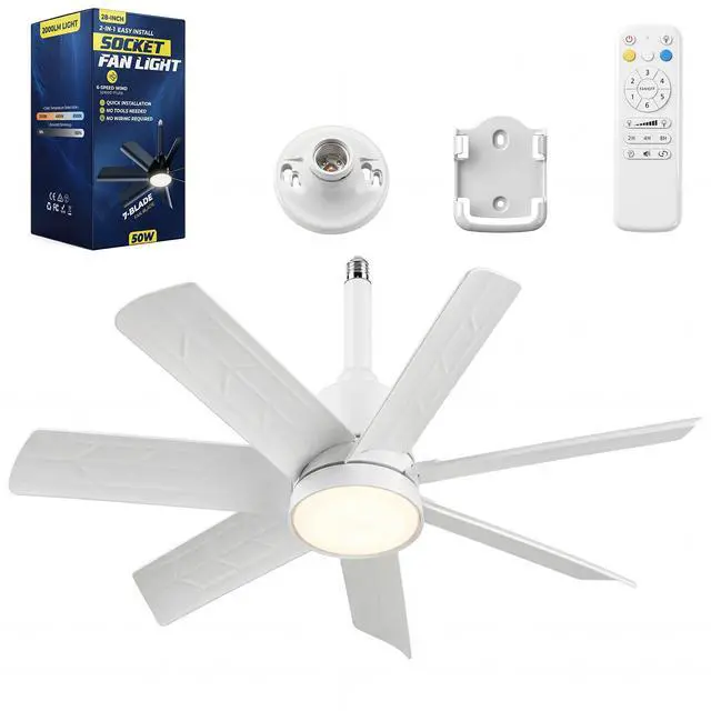 Main image of 28 Inch Socket Fan Light with Remote Control, Screw in E26/E27 Ceiling Fan with LED Light, 3000-6000K Adjustable Color Temp, 6 Speeds, Timer, for Bedroom Kitchen Living Room Garage, White