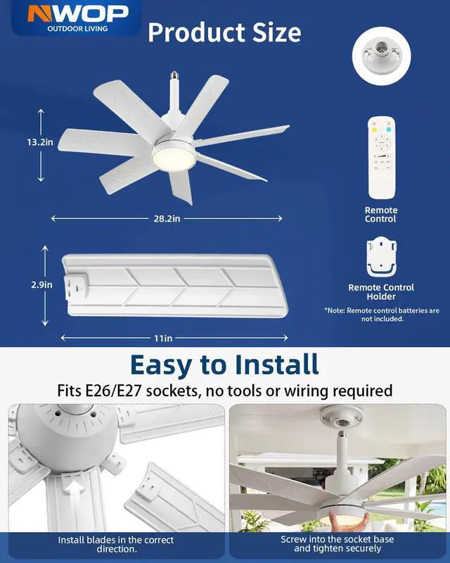 Alt view image 2 of 7 - 28 Inch Socket Fan Light with Remote Control, Screw in E26/E27 Ceiling Fan with LED Light, 3000-6000K Adjustable Color Temp, 6 Speeds, Timer, for Bedroom Kitchen Living Room Garage, White