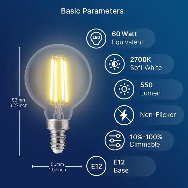 Alt view image 2 of 7 - G16.5 Dimmable LED Candelabra Bulbs 60W Equivalent, LED E12 Chandelier Light Bulbs, 550LM, CRI90, 5.5W, AC 120V, 6 Pack, 2700K Soft White