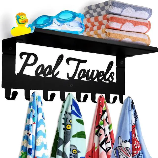 Main image of Pool Towel Racks with Shelf 8 Hooks for Pool Bathroom Wall Mount Towel Hooks Towel Holder Carbon Steel Hanger Organizer Pool Accessories Outdoor for Robe,Towel,Coat,Swimsuit,Bag,Keys