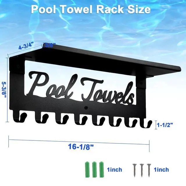 Alt view image 2 of 7 - Pool Towel Racks with Shelf 8 Hooks for Pool Bathroom Wall Mount Towel Hooks Towel Holder Carbon Steel Hanger Organizer Pool Accessories Outdoor for Robe,Towel,Coat,Swimsuit,Bag,Keys
