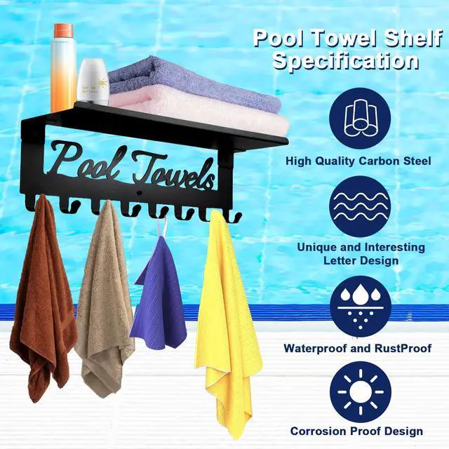 Alt view image 4 of 7 - Pool Towel Racks with Shelf 8 Hooks for Pool Bathroom Wall Mount Towel Hooks Towel Holder Carbon Steel Hanger Organizer Pool Accessories Outdoor for Robe,Towel,Coat,Swimsuit,Bag,Keys