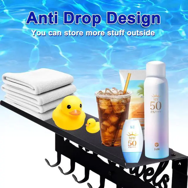 Alt view image 5 of 7 - Pool Towel Racks with Shelf 8 Hooks for Pool Bathroom Wall Mount Towel Hooks Towel Holder Carbon Steel Hanger Organizer Pool Accessories Outdoor for Robe,Towel,Coat,Swimsuit,Bag,Keys
