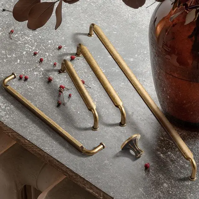 Alt view image 2 of 7 - 5 Inch Hole Center Antique Brass Zinc Alloy Cabinet Pulls Kitchen Cabinets Hardware, 6 Pack Vintage Brass Solid Cabinet Handles Drawer Pulls