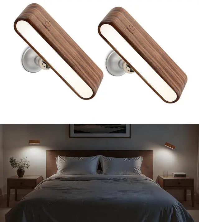 Main image of Rechargeable Wall Sconce, Reading Light for Bed, Magnetic Wood Lamp | Set of 2 Black Walnut Wood Sconces, Touch Control, Adjustable Brightness, 4000K Reading Light for Headboard, 360° Rotation
