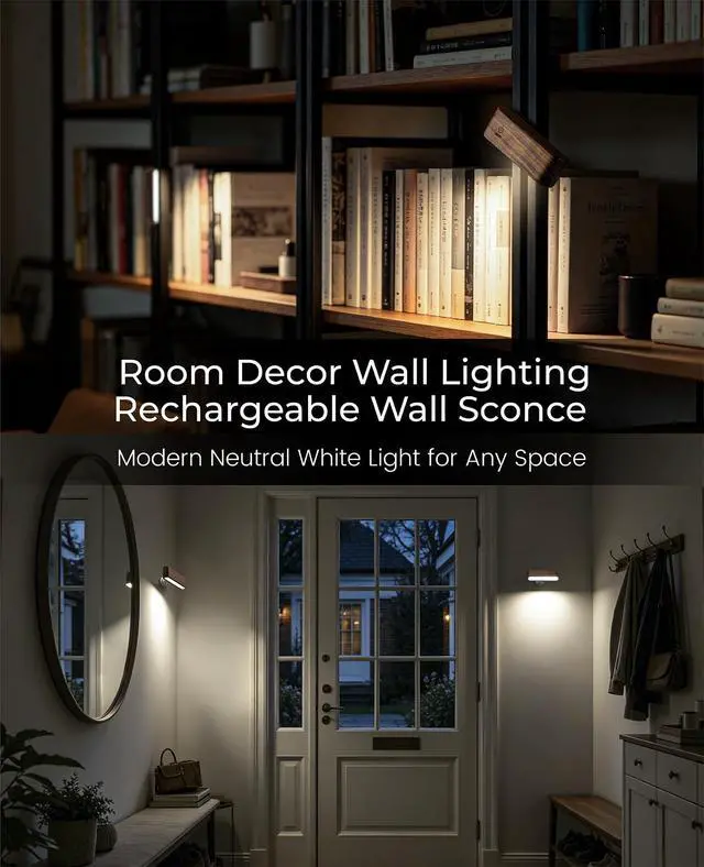 Alt view image 7 of 7 - Rechargeable Wall Sconce, Reading Light for Bed, Magnetic Wood Lamp | Set of 2 Black Walnut Wood Sconces, Touch Control, Adjustable Brightness, 4000K Reading Light for Headboard, 360° Rotation