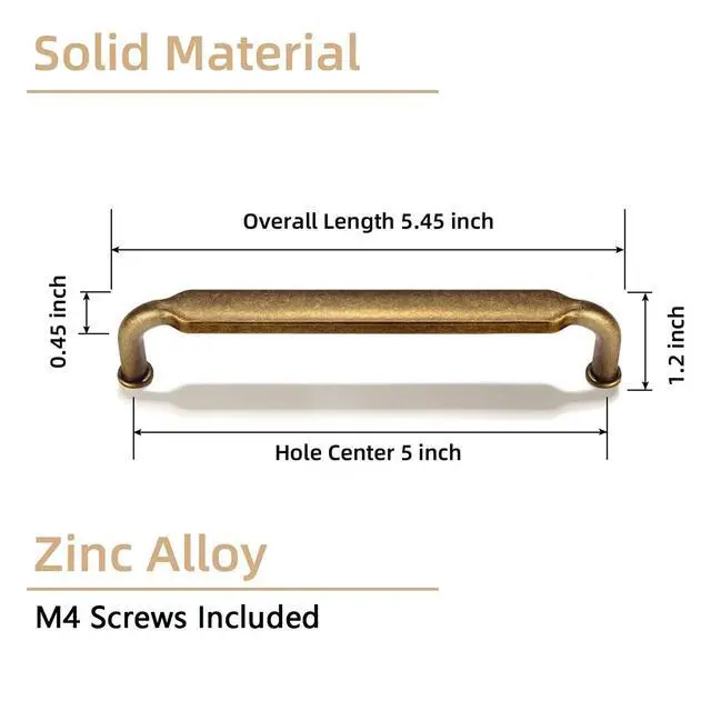 Alt view image 4 of 7 - 5 Inch Hole Center Antique Brass Zinc Alloy Cabinet Pulls Kitchen Cabinets Hardware, 6 Pack Vintage Brass Solid Cabinet Handles Drawer Pulls