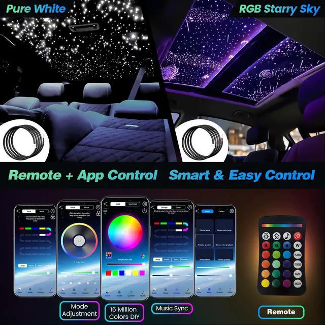 Alt view image 4 of 7 - Split Starlight Headliner Kit - 400pcs 0.02in 4.9ft Fiber Optic RGBW Star Lights for Car with 2 Light Heads 16W Engine Easy to Hide,Flexible Wiring,APP/Remote Control for Car Roof Ceiling
