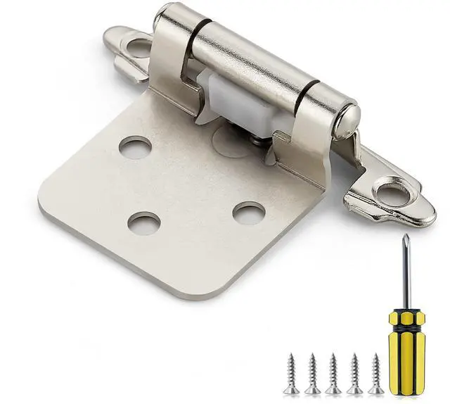 Main image of Satin Nickel Kitchen Cabinet Hinges, 1/2" Overlay, 50 Pack | Self-Closing Design,Semi Wrap Around Hinge,for Face Frame Cupboard, Silver Face Mount Cabinet Hardware,with Screwdriver
