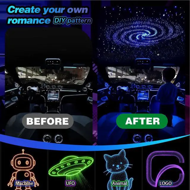 Alt view image 6 of 7 - Split Starlight Headliner Kit - 400pcs 0.02in 4.9ft Fiber Optic RGBW Star Lights for Car with 2 Light Heads 16W Engine Easy to Hide,Flexible Wiring,APP/Remote Control for Car Roof Ceiling