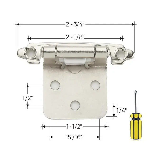 Alt view image 3 of 7 - Satin Nickel Kitchen Cabinet Hinges, 1/2" Overlay, 50 Pack | Self-Closing Design,Semi Wrap Around Hinge,for Face Frame Cupboard, Silver Face Mount Cabinet Hardware,with Screwdriver
