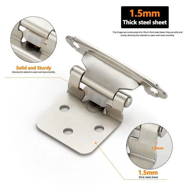 Alt view image 4 of 7 - Satin Nickel Kitchen Cabinet Hinges, 1/2" Overlay, 50 Pack | Self-Closing Design,Semi Wrap Around Hinge,for Face Frame Cupboard, Silver Face Mount Cabinet Hardware,with Screwdriver