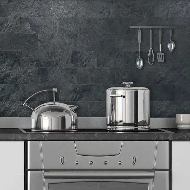 Alt view image 3 of 7 - 6" x 12" Black Slate Peel and Stick Backsplash Wall Tiles, PVC Faux Stone Stick on Tiles for Backsplash Kitchen, Bathroom, Laundry Room, Camper, Fireplace (Pack of 20)